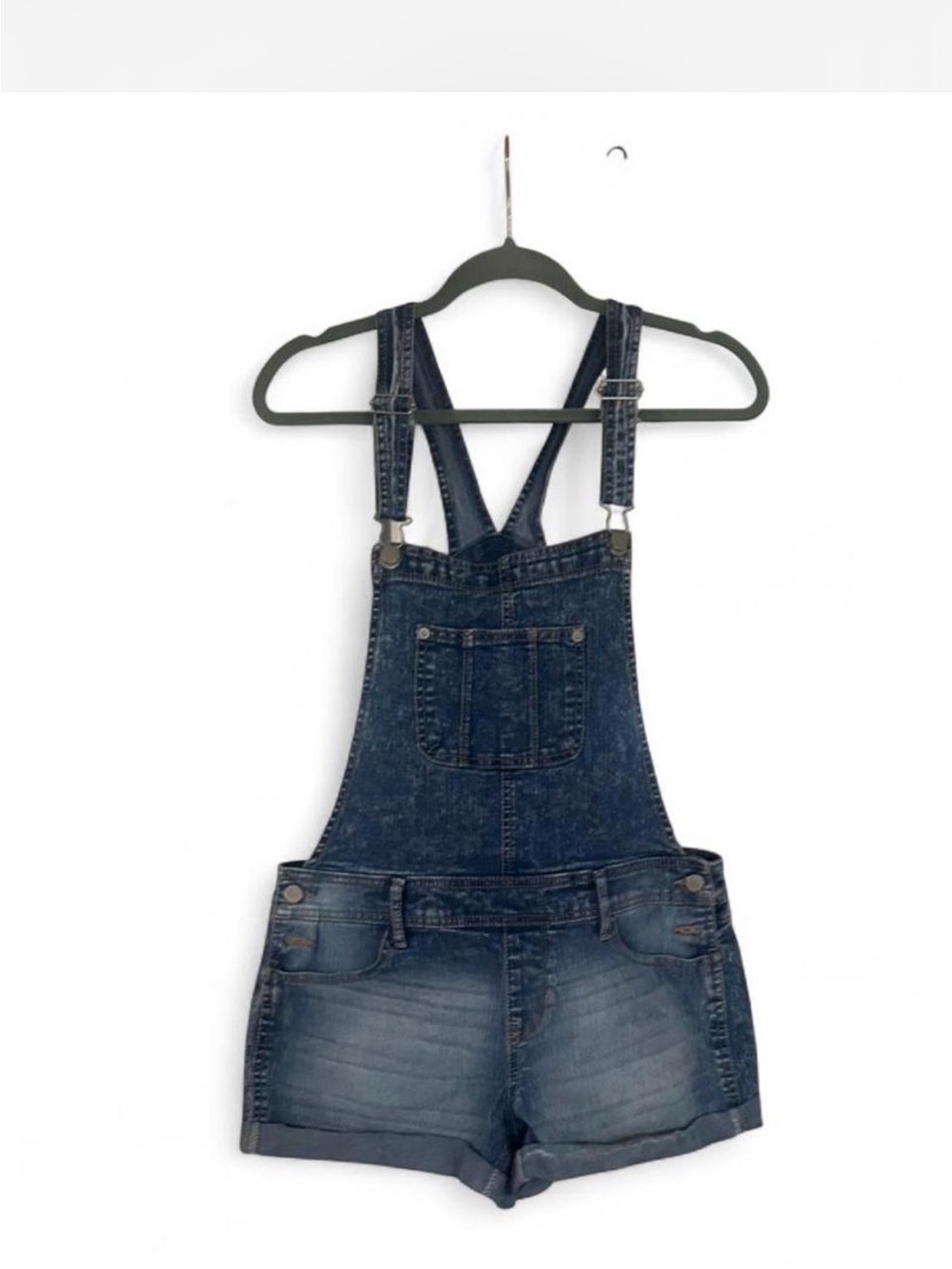 No Boundaries Juniors Blue Solid Denim Relaxed Fit Overall Shorts Romper M (7-9)